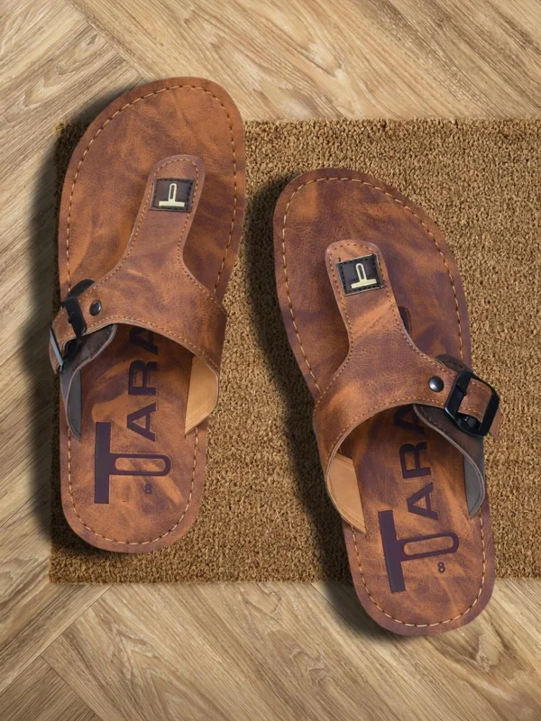 Taranag – Men's Flip Flops with Buckle and Synthetic Leather Strap | Brown Textured Everyday Flip Flops